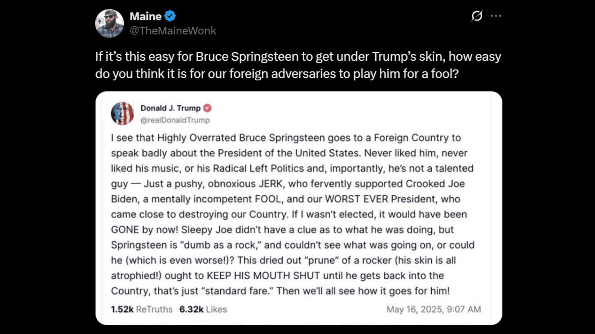 Donald Trump fired back at Bruce Springsteen. (Image via X)